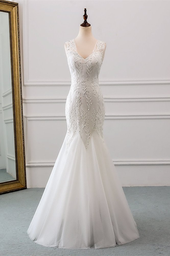 Bellasprom Elegant V-Neck Long Mermaid Wedding Gown With Beadings