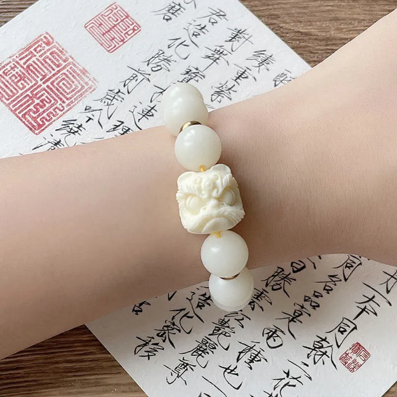 Silver Sheen Obsidian Bodhi Seed Ivory Fruit Dancing Lion Protection Bracelet