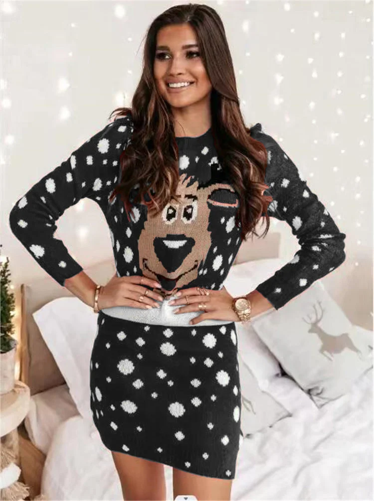 Christmas Print Casual Long Sleeve Fashion Loose Round Neck Knit Dress