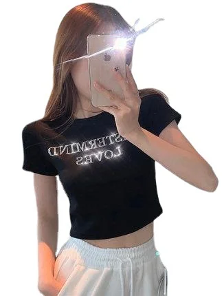 Uveng Uveng Celebrity Bottom Shirt High Waist Crop Short Jacket Women Hot Diamond Letter Slim Summer Short-Sleeved T Shirt Women Ins Tide