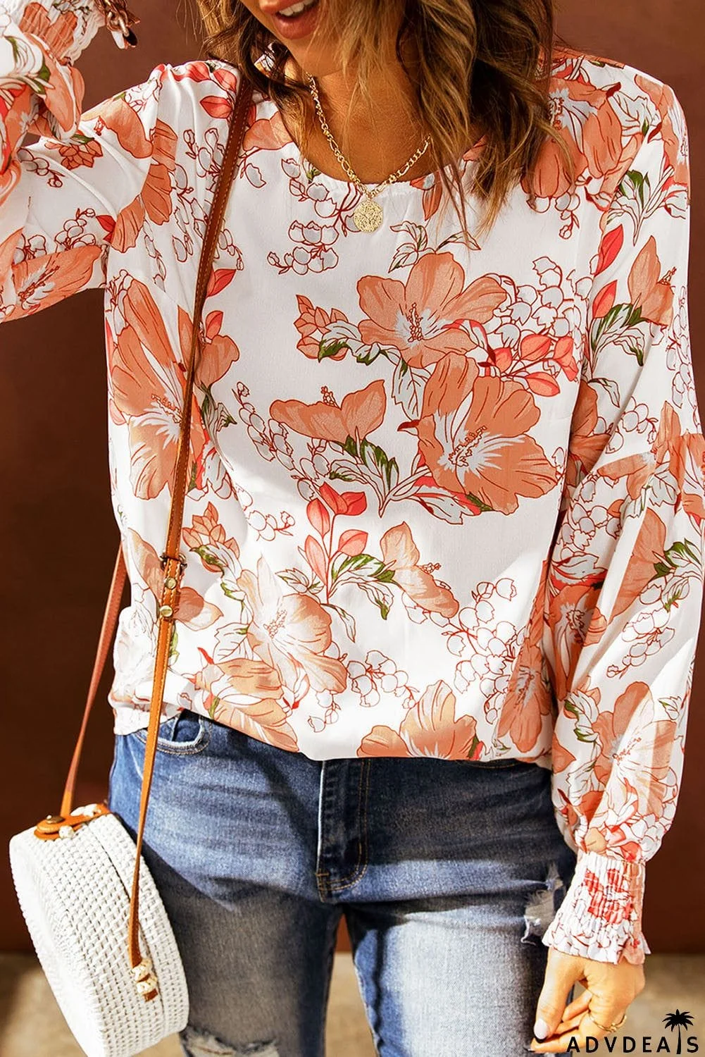 Orange Floral Puff Sleeve Blouse