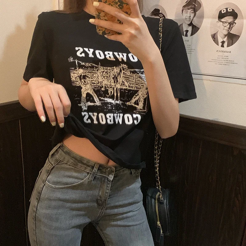 Brownm Brownm Print Short Short-Sleeved T-Shirt Female 2024 Summer Dress New Korean Version Design Sense Girl Slim Student Jacket