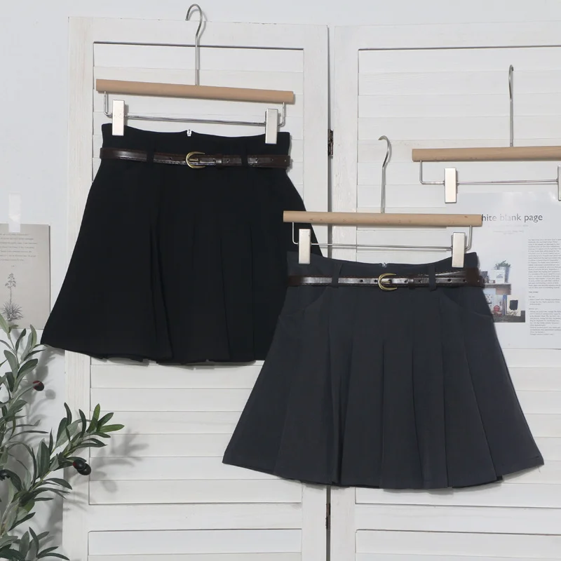 Uveng College Style Gray Half Skirt Short Skirt Small High-Waist A-Word Skirt Jk Skirt With Belt 8200