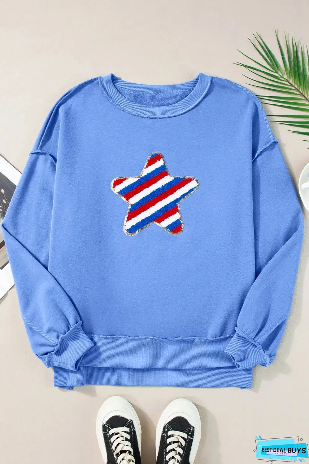 Sky Blue Sequin Trim Embroidered Star USA Pattern Sweatshirt