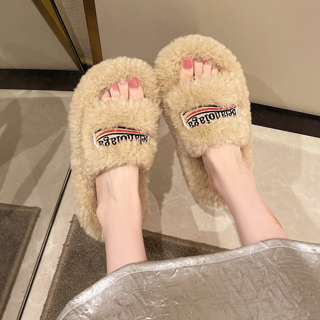 Yyvonne Slippers Women Wear 2025 New Letter Embroidered Thick Bottom Lamb Hair Autumn Winter Flat Letter Slippers