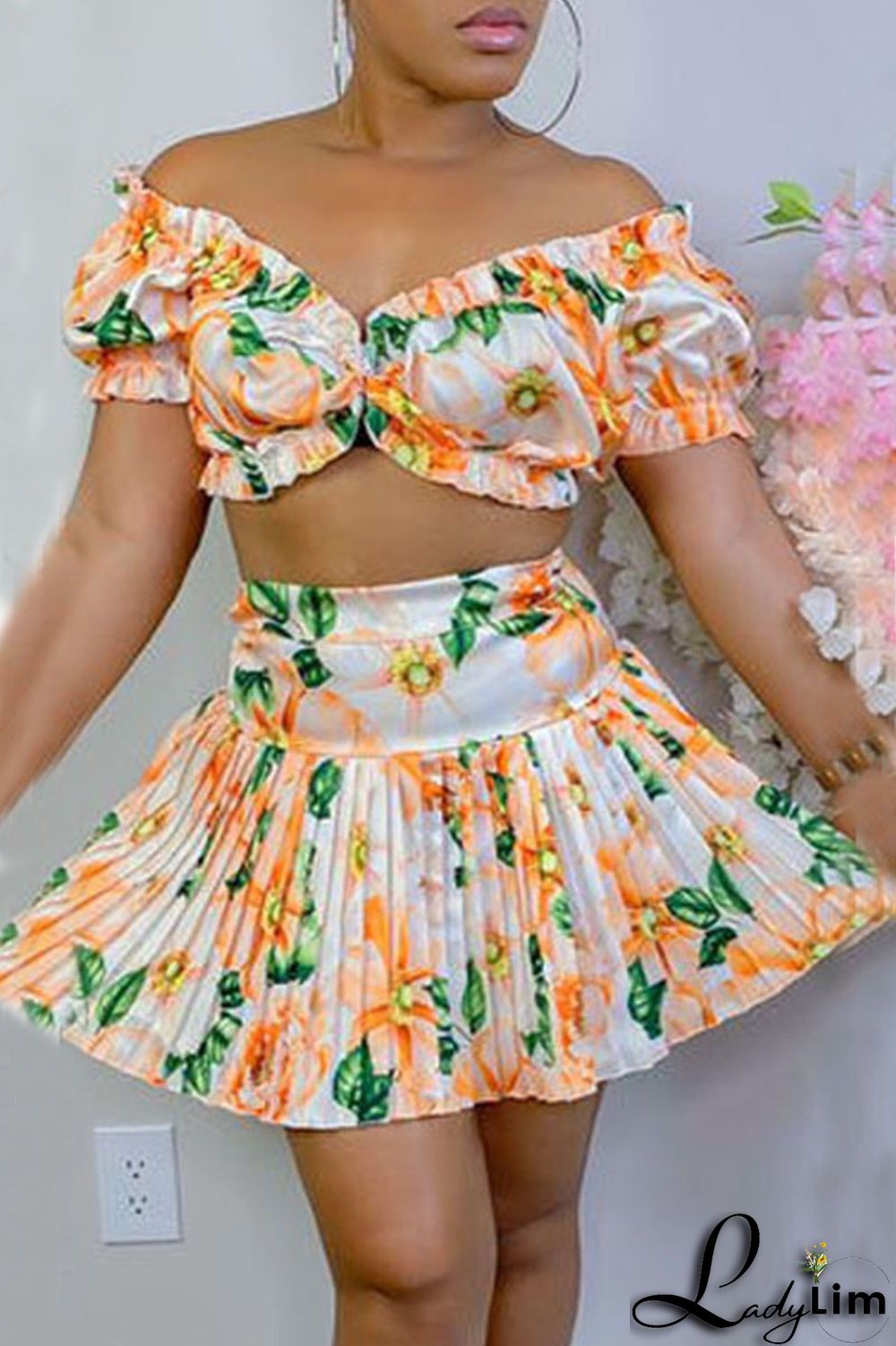 Yellow Sexy Print Patchwork Off the Shoulder Short Sleeve Two Pieces