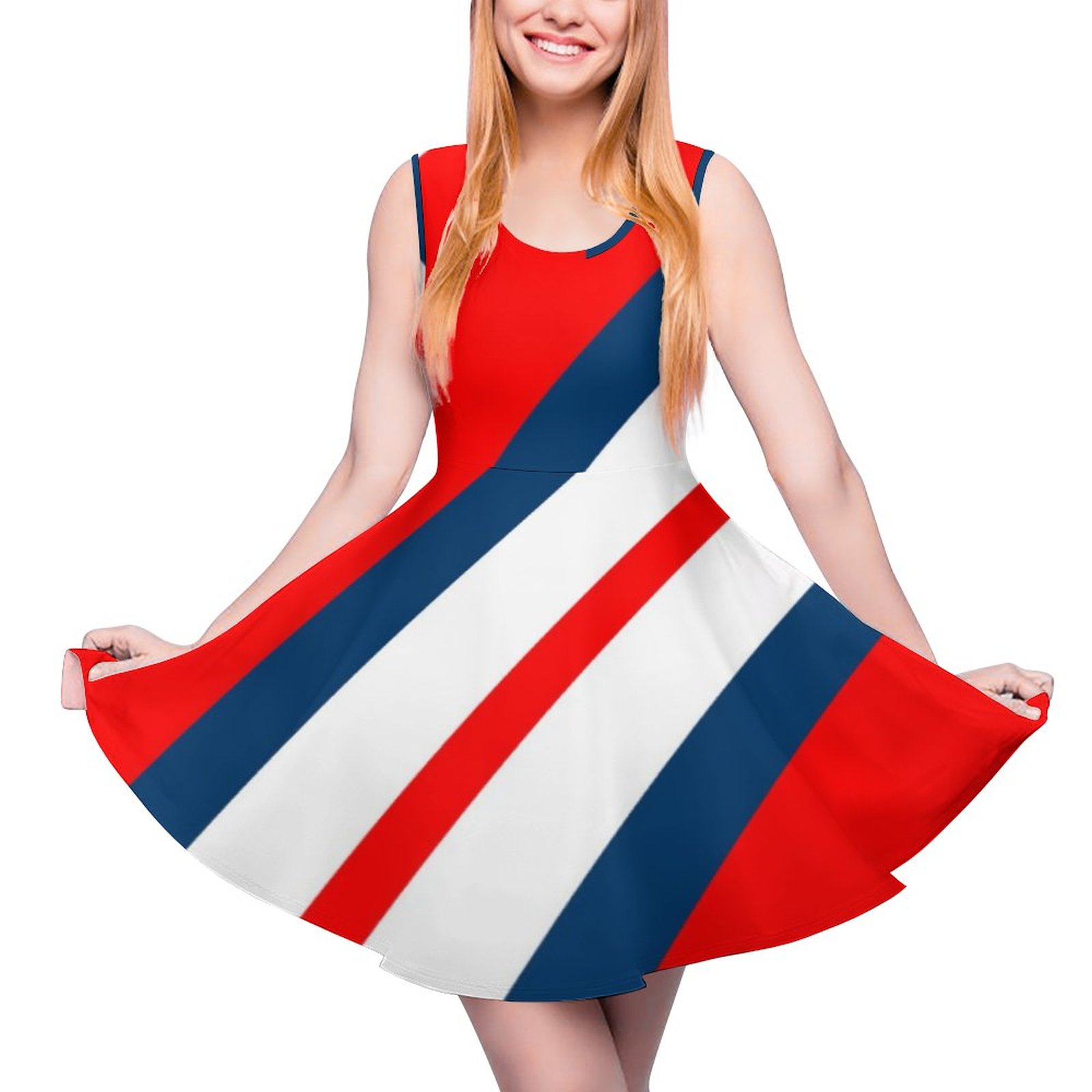 Barber Shop Stripes On Red White Blue Fashion Women Sleeveless Scoop Neck A-Line Skater Sundress Summer Flare Midi Tank Sun Dress