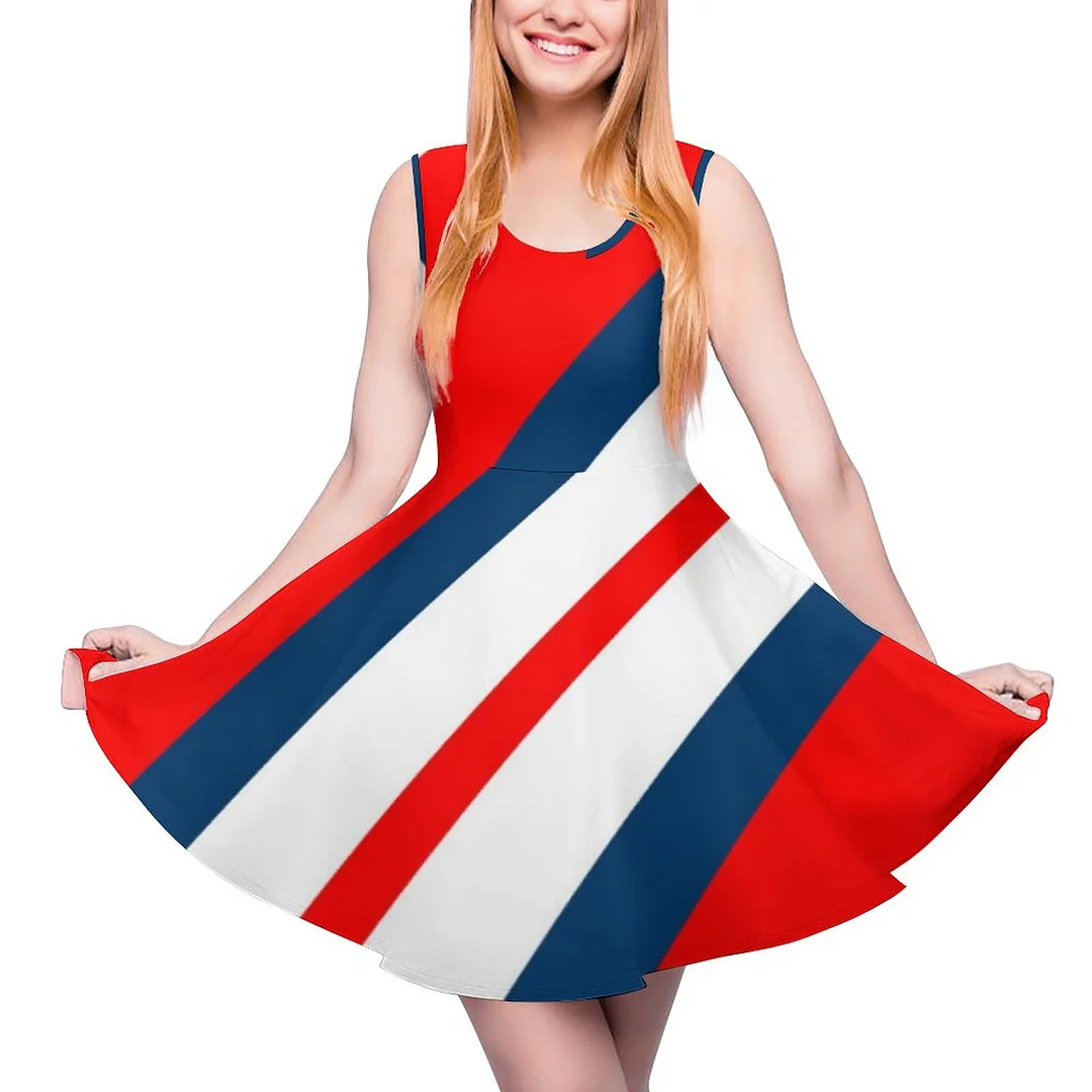 Barber Shop Stripes On Red White Blue Fashion Women Sleeveless Scoop Neck A-Line Skater Sundress Summer Flare Midi Tank Sun Dress