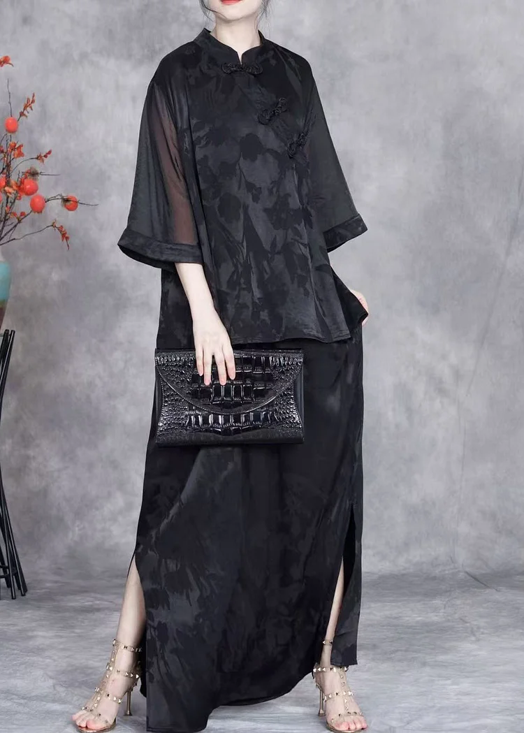 Black Jacquard Side Open Silk Two Piece Suit Set Stand Collar Half Sleeve