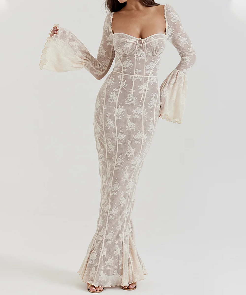 Rotimia Lace Flare Sleeves Jacquard Fishtail Dress