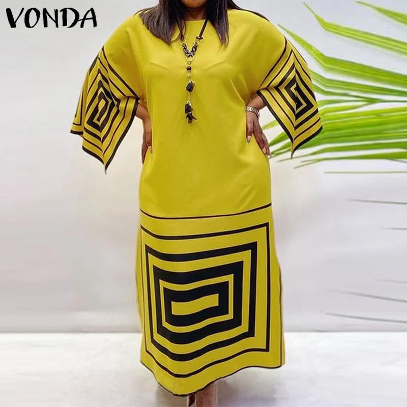 VONDA Women Bohemian Dress 2022 Casual Loose 3/4 Sleeve Holiday Dress Female Vintage Printed Party Vestidos Oversized Robe Femme