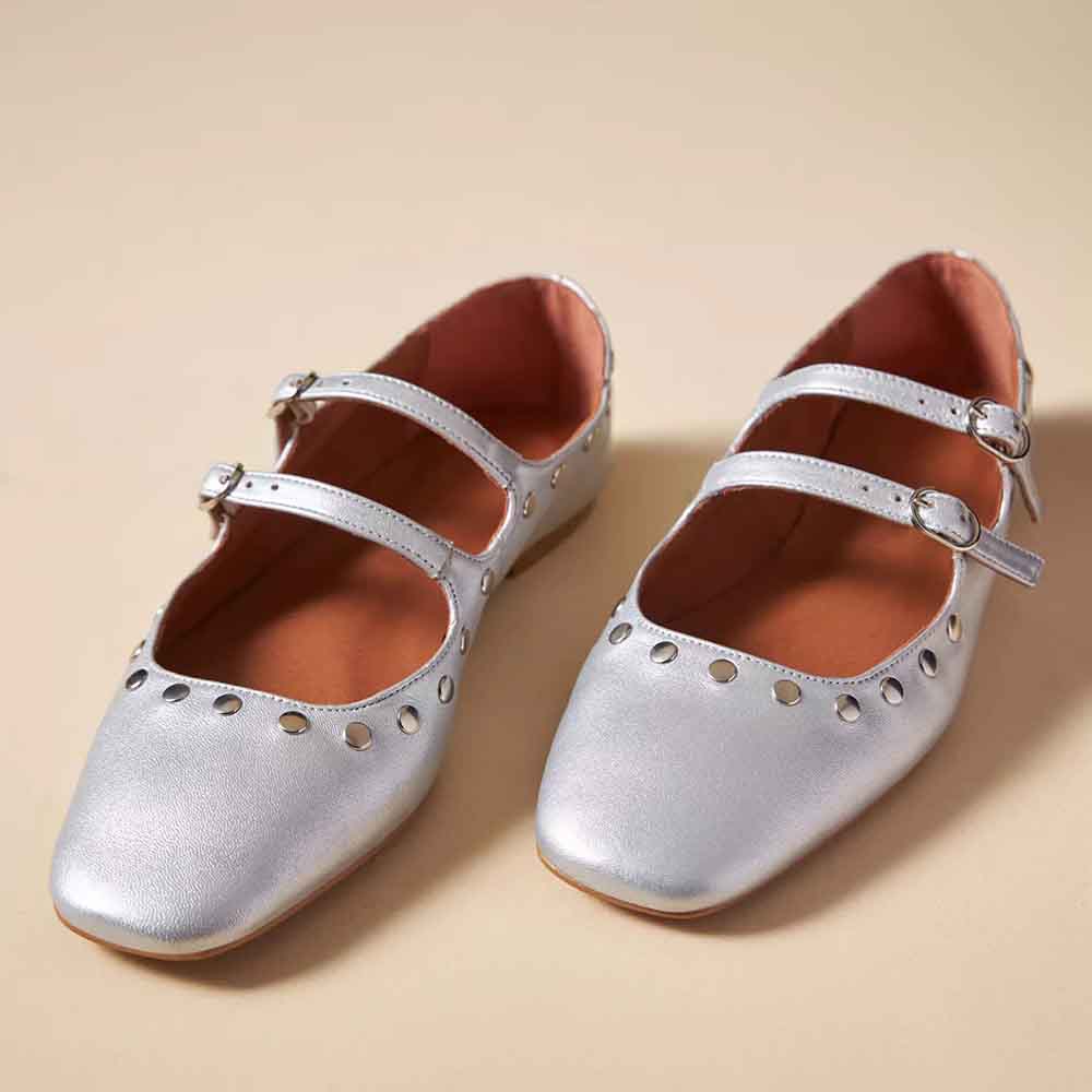 Silver Vegan Leather Square Toe Flat Studded Strappy Ballet Shoes Nicepairs