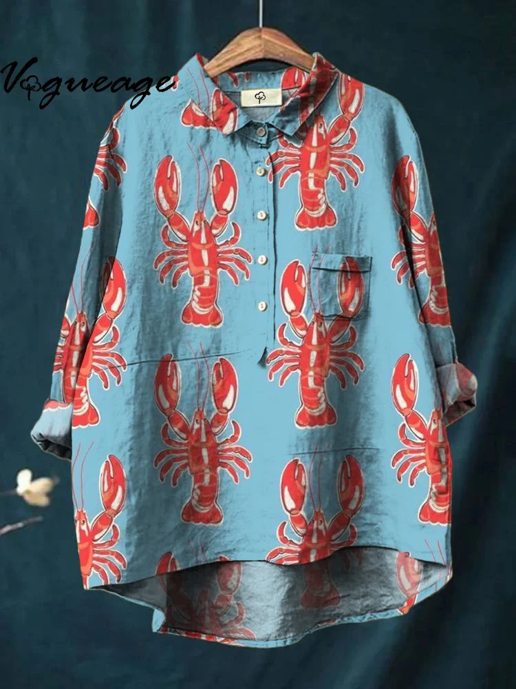 Simple Hand Drawn Crayfish Print Cotton And Linen Shirt