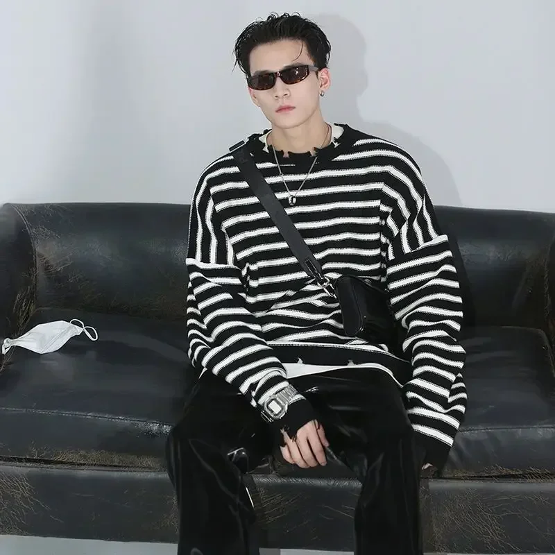 Drawato Man Clothes Y2k Streetwear Torn Knitted Sweaters for Men Black Striped Pullovers Hippie with Holes 2025 Trend Overfit Mode Tops