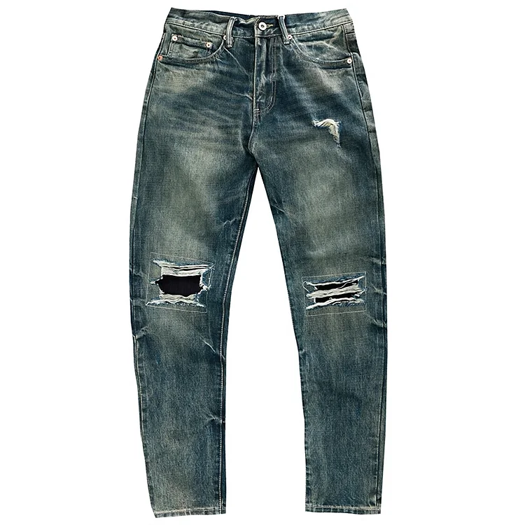 Men's Vintage Patch Decadent Whiskered Heavy Distressed Straight Jeans