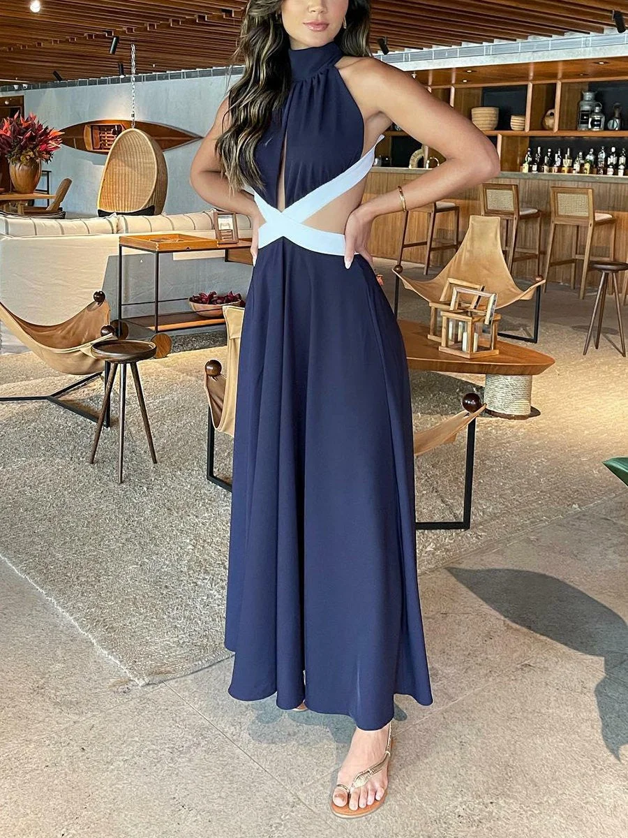 Backless Cross Colorblock Maxi Dress
