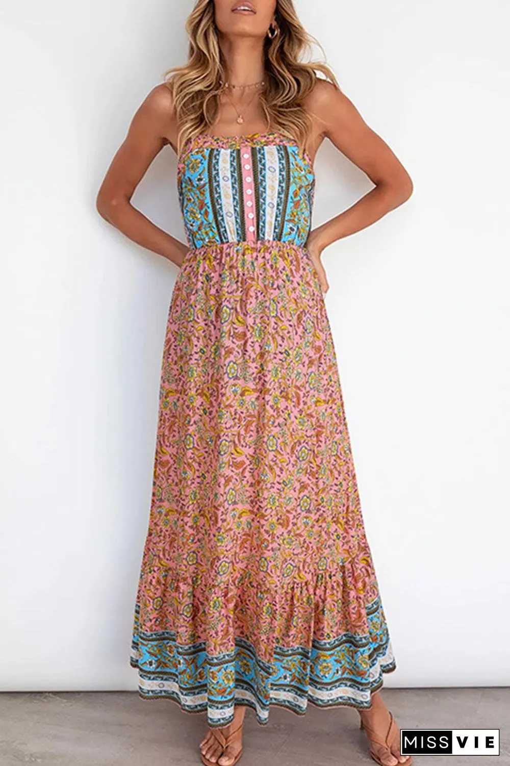 Fashion Elegant Print Split Joint Spaghetti Strap A Line Dresses