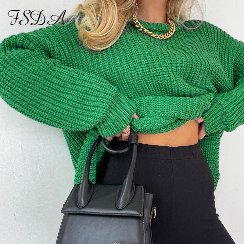 FSDA 2021 O Neck Green Oversized Pullover Women Long Sleeve Blue Autumn Winter Fashion Knitted Sweater Casual Ladies
