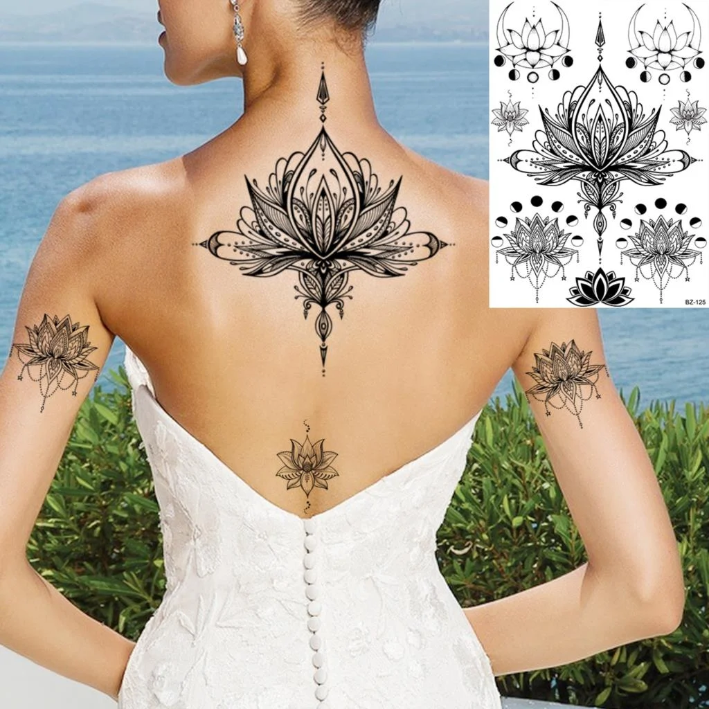 Henna Pendant Temporary Tattoos For Women Undertboob Girls Realistic Butterfly Rose Flower Fake Tattoo Sticker Chest Tatoos