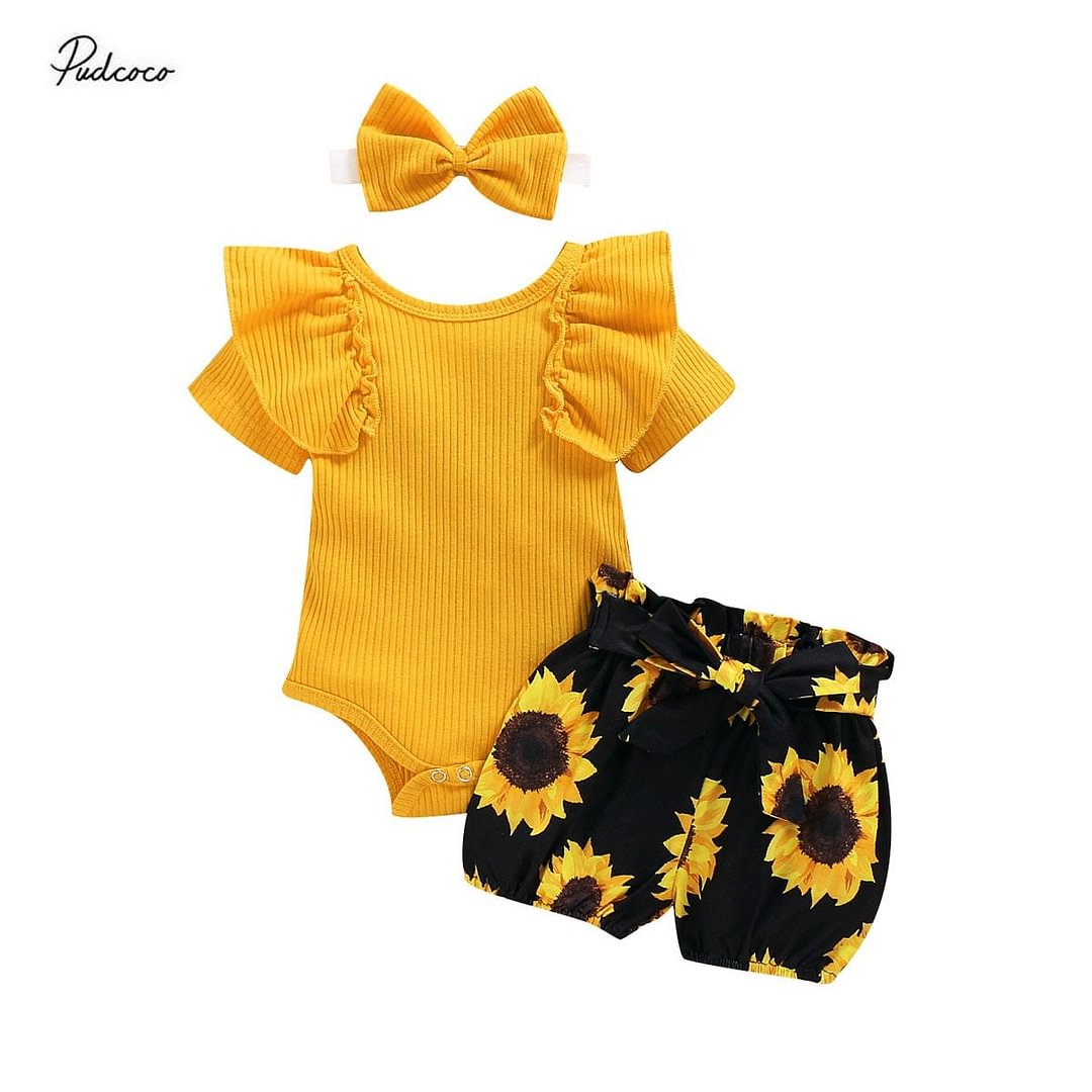 2020 Baby Summer Clothing Newborn Baby Girl Floral Clothes Short Sleeve Romper Jumpsuit+Sunflower Tutu Shorts 3Pcs Outfits Set
