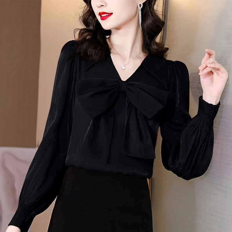 Elegant Fashion Bow Lantern Long Sleeve Shirt Woman Clothing 2022 Spring New Office Lady V-Neck Loose Oversized Commuter Blouse
