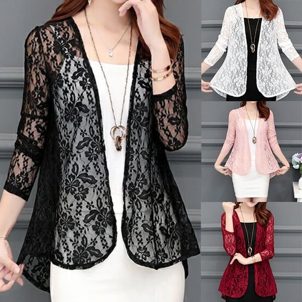 Women Lace Cardigan Long Sleeve Solid Color Lace Cardigan Casual Outwear Hollow Out Shirts Spring Autumn Summer Tops - Shop Trendy Women's Clothing | LoverChic
