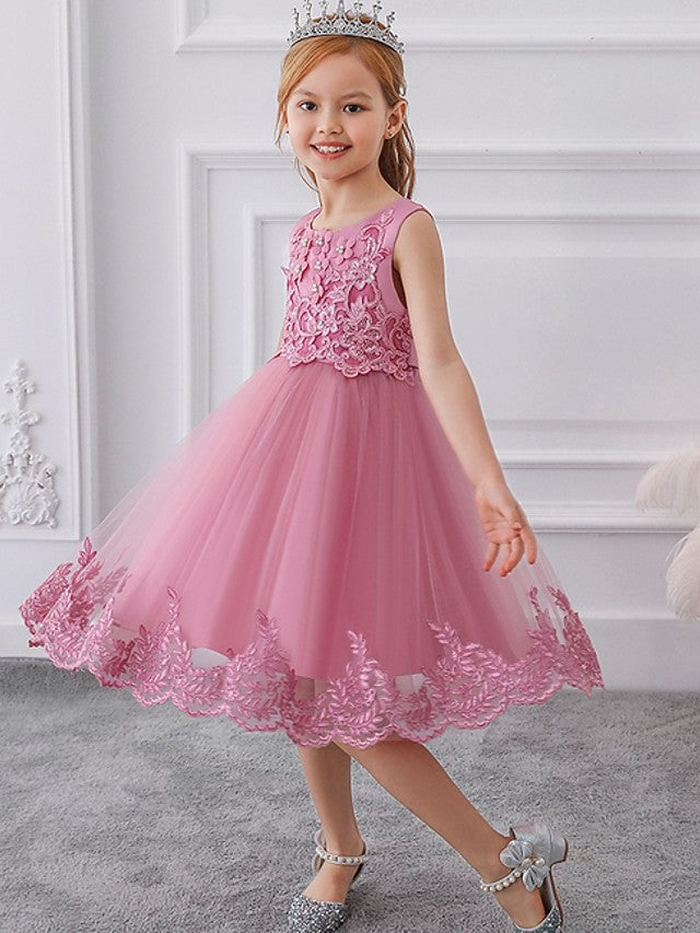 Oknass Ball Gown Sleeveless Jewel Neck Flower Girl Dresses Tulle With Bow Appliques