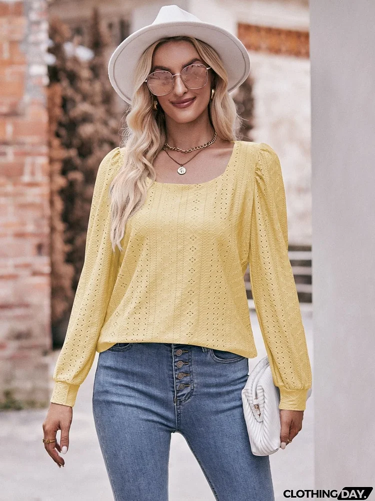 Eyelet Square Neck Puff Sleeve Blouse