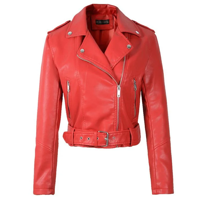 FTLZZ Women Faux Soft Leather Short Jacket Rivet Epaulet Zipper Pu Motorcycle Basic Jackets Female Red Black Outerwear With Belt
