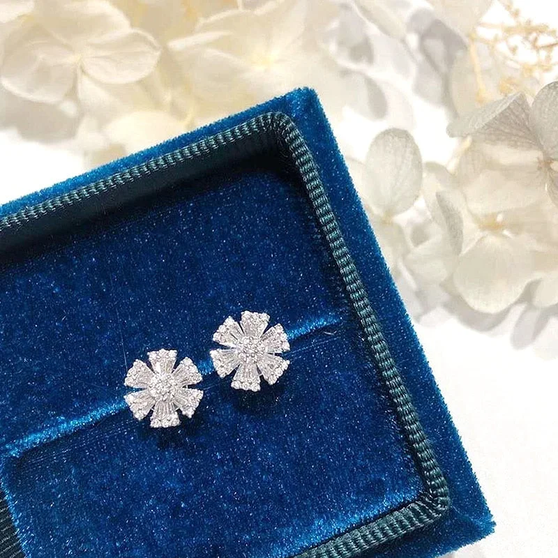 Huitan Sparkling Cubic Zirconia Flower Stud Earrings Silver Plated Aesthetic Earrings for Women Wedding Party Ear Accessories