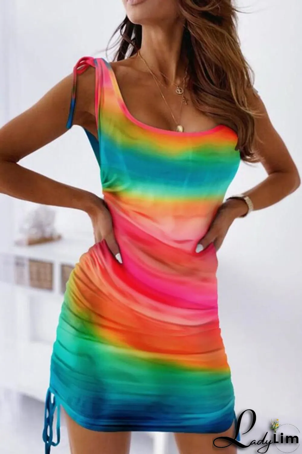 Yellow Casual Print Bandage Patchwork Fold U Neck One Step Skirt Dresses