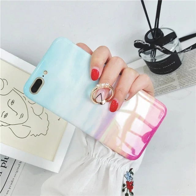 Marble Ombre Rainbow Pink Phone Case with Kickstand Ring Holder