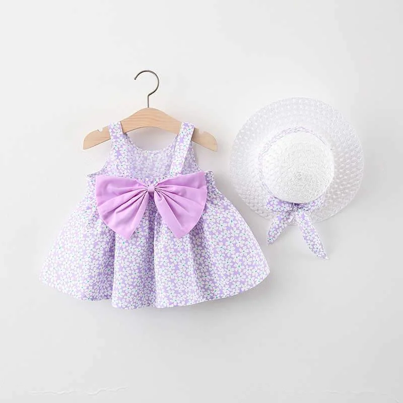1 to 4 Years 2021 New Fashion Baby Girl Sleeveless Dresses Princess clothing Cute 2pcs set Party Cotton Flower Children Bow Hat