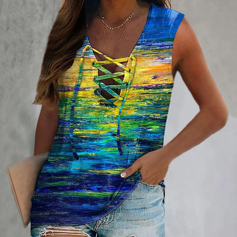 Colorful View Oil Painting Lace-up Printed Women's Vest