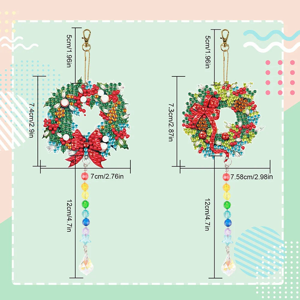 2pcs DIY Wreath Suncatcher Diamond Painting Art Pendant Christmas Home Windows Decor