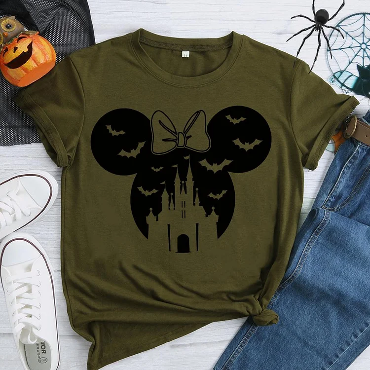 Halloween Mickey Castle Round Neck T-shirt-0019092