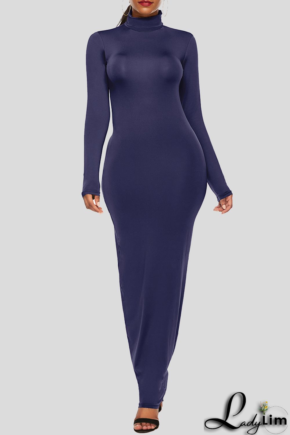 Black Fashion Casual Solid Basic Turtleneck Long Sleeve Dresses