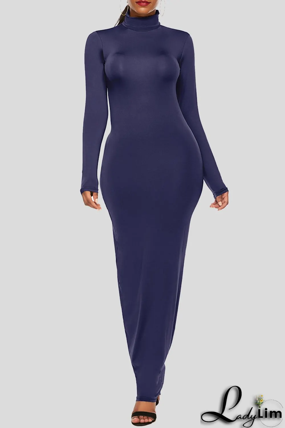 Black Fashion Casual Solid Basic Turtleneck Long Sleeve Dresses