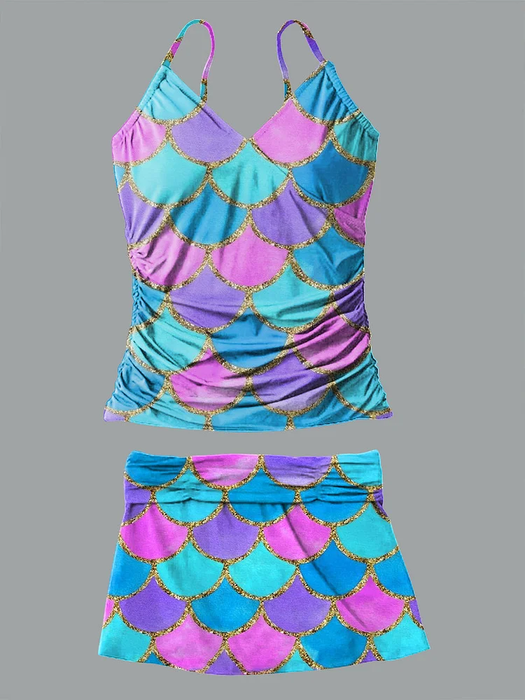 V-Neck Colorful Fish Scale Pattern Print Suspender Skirt Bikini Pants Skirt Set Swimsuit