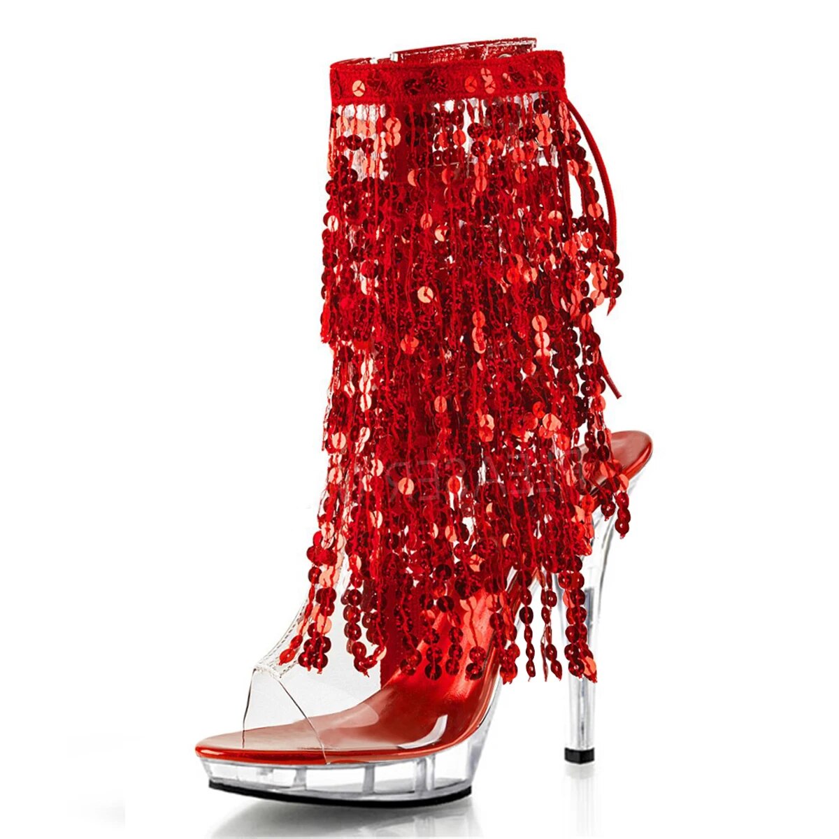 VCshoes Red Glitter Bling Sequin Fringe Ankle Boot 6Inch Nightclub Stage Show Stripper Exotic Dancer Fetish 8Inch 13cm Pole Dance