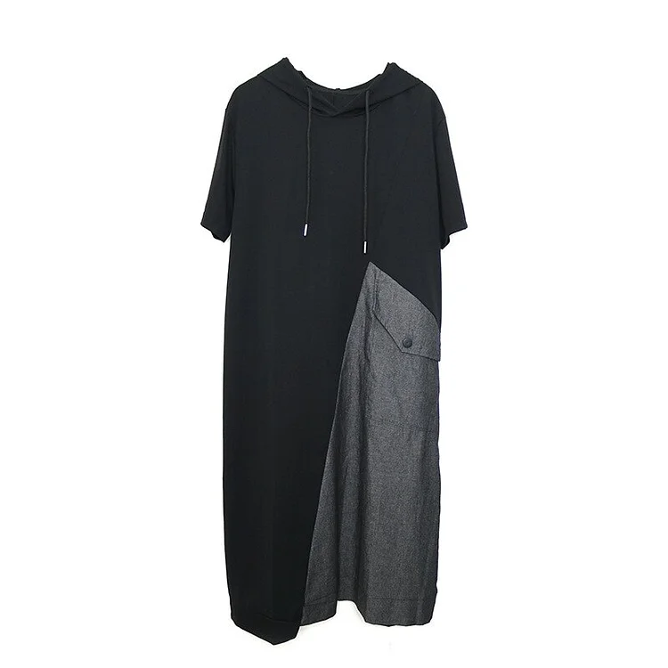 Street Style Hooded Patchwork Pocket Short Sleeve Dress      