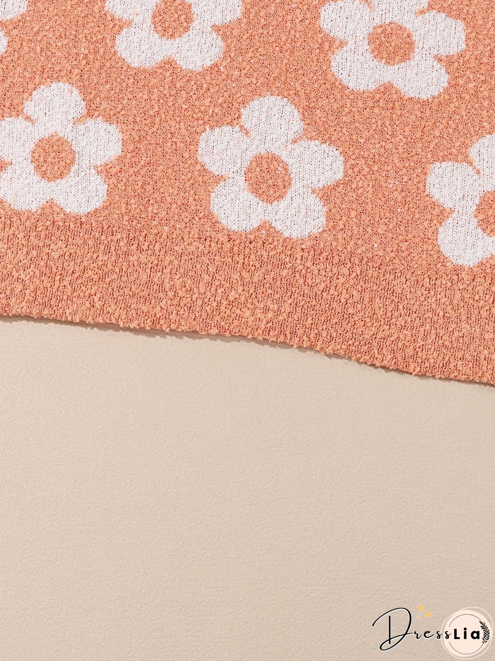 Grapefruit Orange Floral Knit Drop Shoulder Sweater with Fuzzy Texture