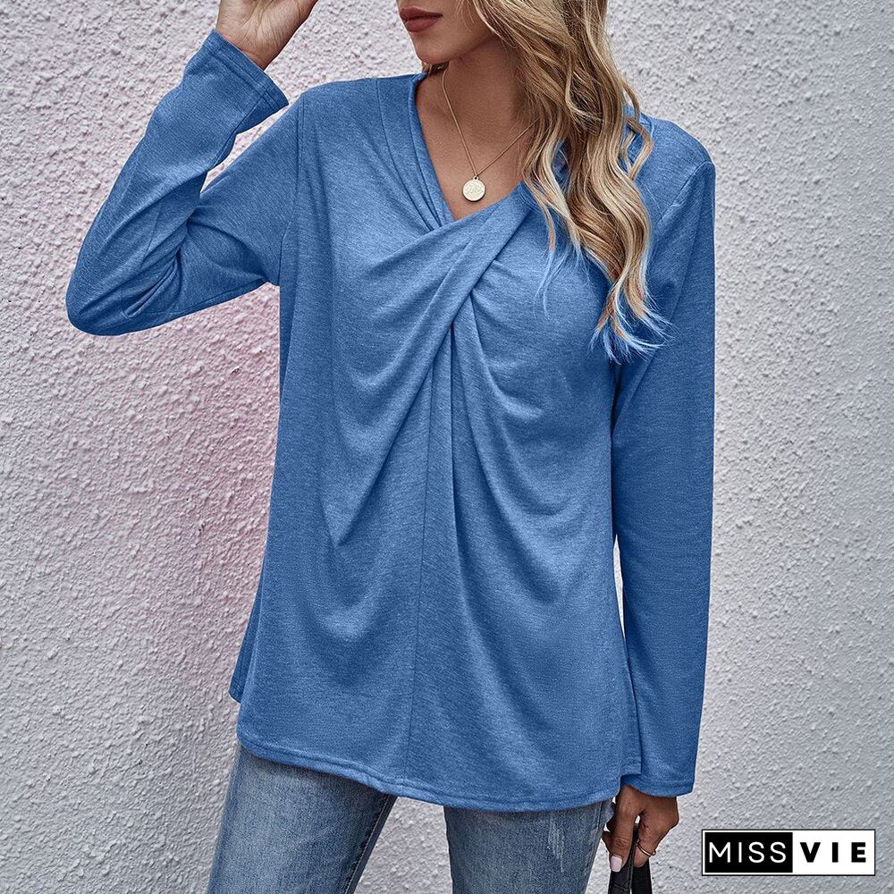 Autumn Spring Tops Women Casual Long Sleeve Cross Neck T-Shirts Fashion Female Stitching Tees Loose Pullover Solid Tops