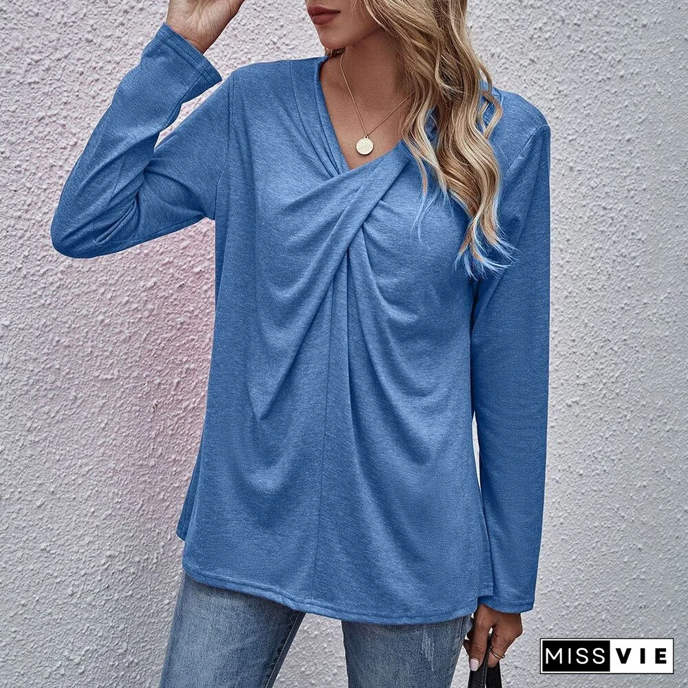 Autumn Spring Tops Women Casual Long Sleeve Cross Neck T-Shirts Fashion Female Stitching Tees Loose Pullover Solid Tops