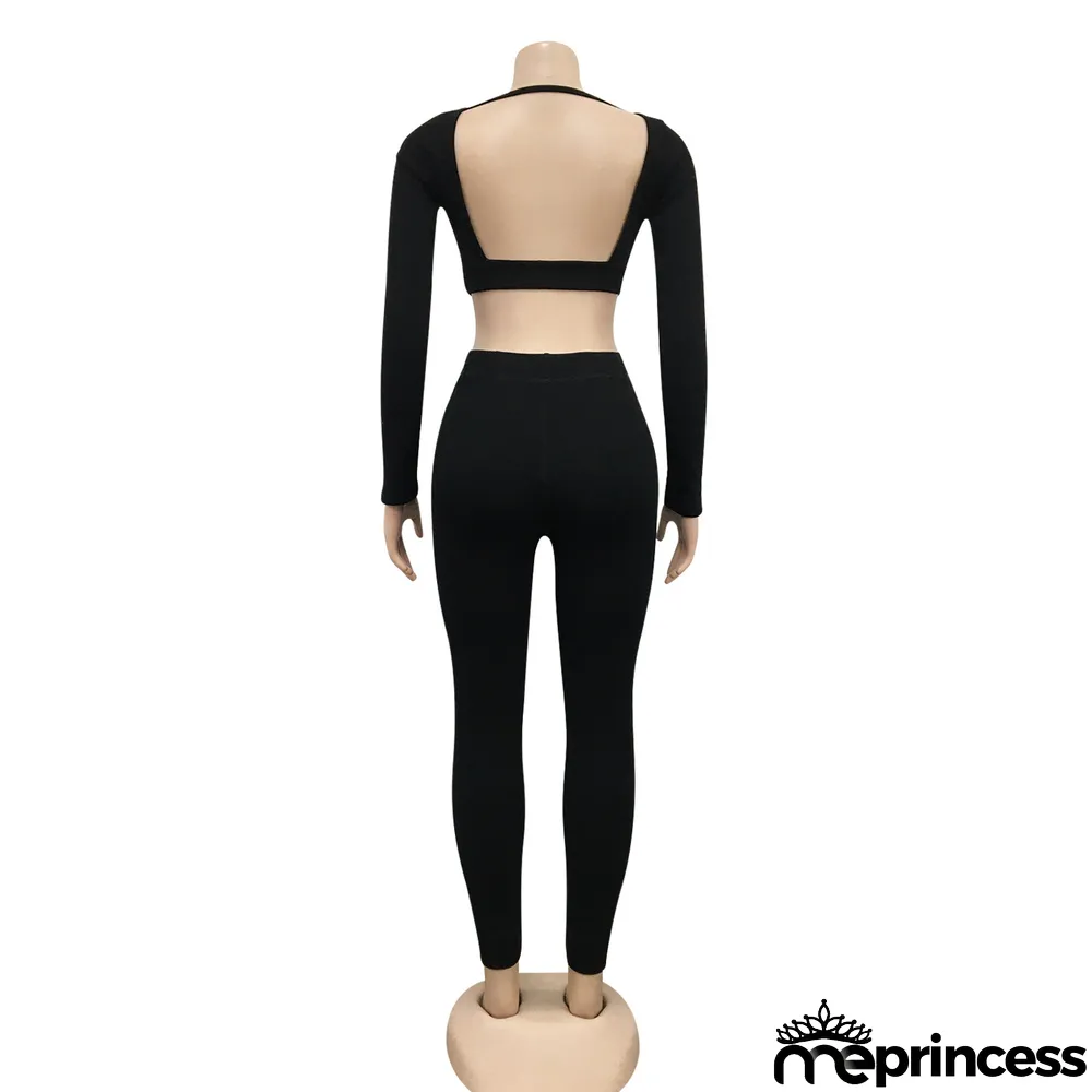 Sexy V-neck Knitted Fashion Casual Long-sleeved Two-piece Suit