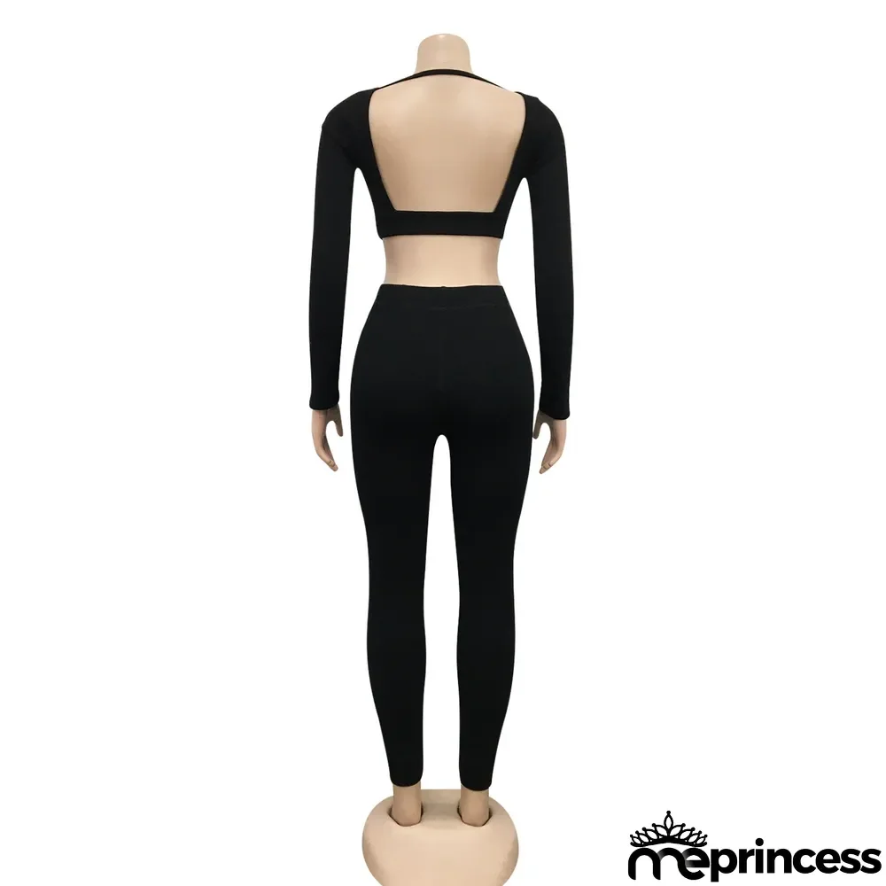 Sexy V-neck Knitted Fashion Casual Long-sleeved Two-piece Suit