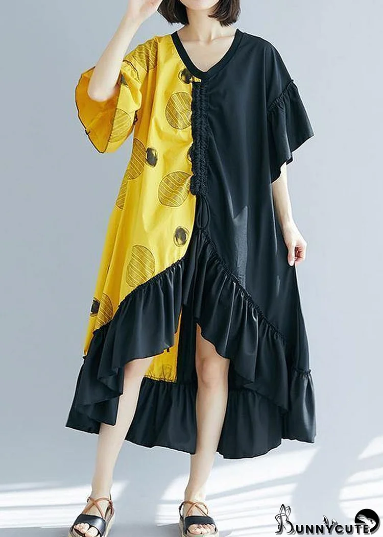 Modern black patchwork yellow Long Shirts v neck Ruffles Maxi summer Dress