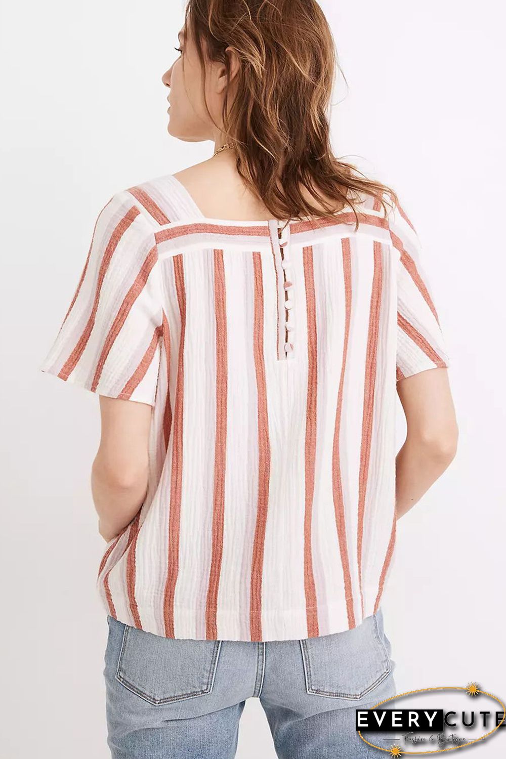 Orange Striped Buttoned Back Square Neck Blouse