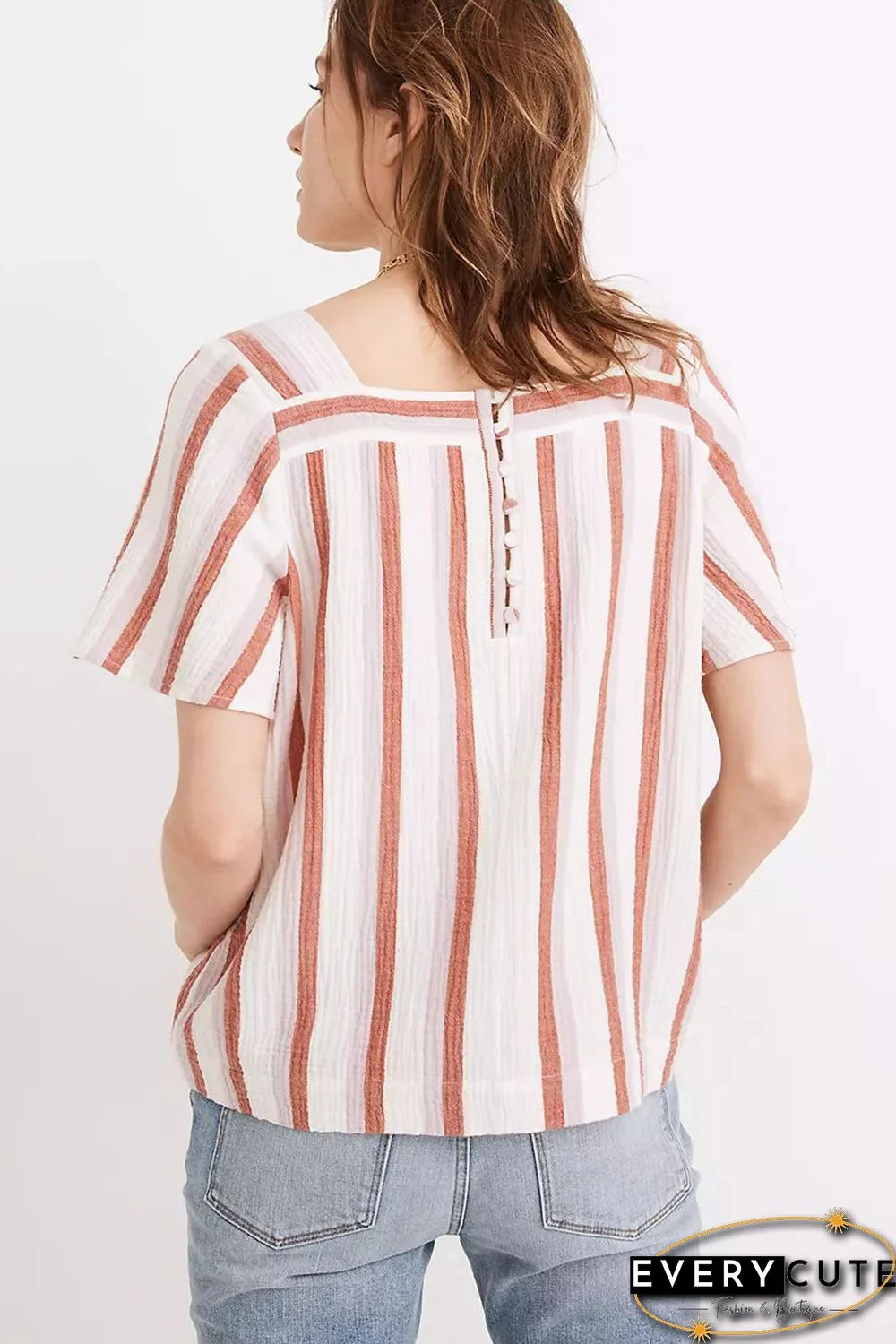 Orange Striped Buttoned Back Square Neck Blouse
