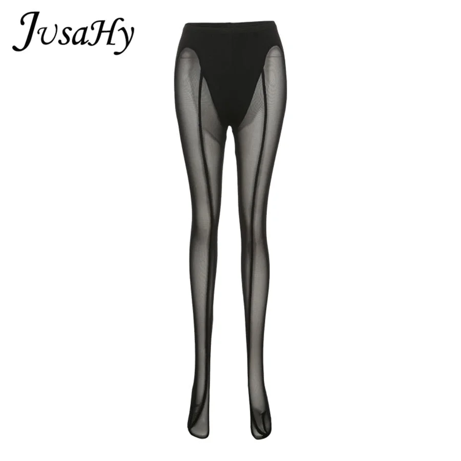 JuSaHy Sexy Mesh See Through Foot Pants for Women Fashion High Waist Stretchy Slim Trousers Party Clubwear Female Bottoms Hot